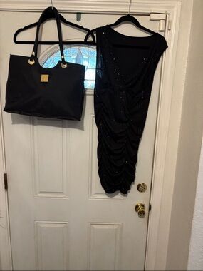 Bodycon Black Ruched Sparkle Dress and Givency Black Tote Bag/ bundle
